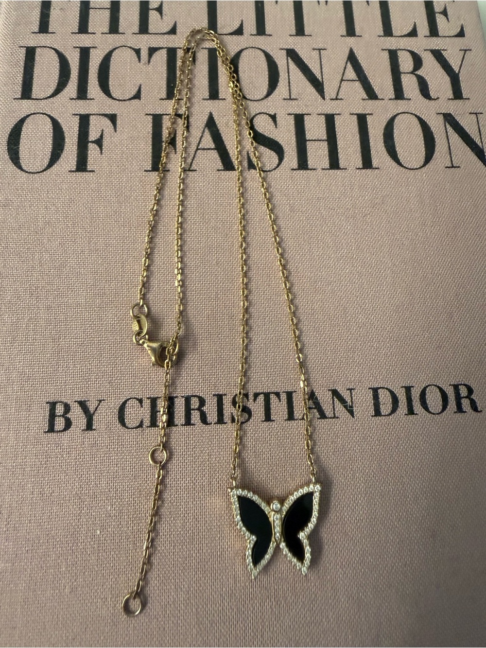 Gold-Tone Butterfly Pendant Necklace with Black Enamel